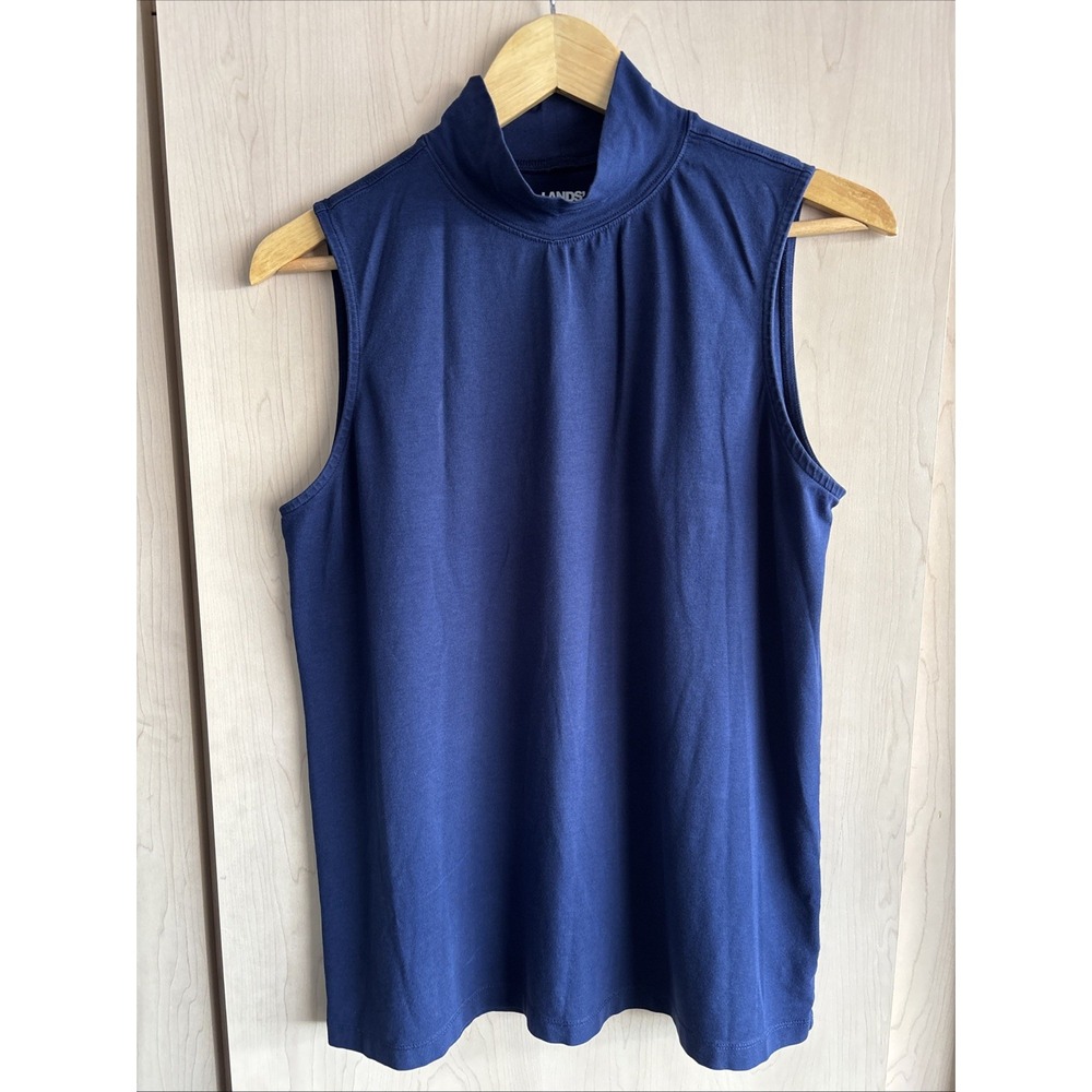 Lands End Sleeveless Mock Neck Top Women's M P 10 12 Blue Cotton‎ Blend Basics